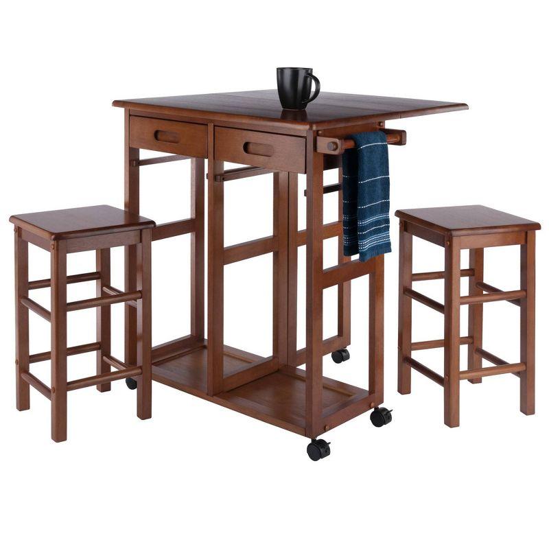 3pc Suzanne Space Saver Drop Leaf Dining Set Teak - Winsome: Compact, Storage Drawers & 2 Stools