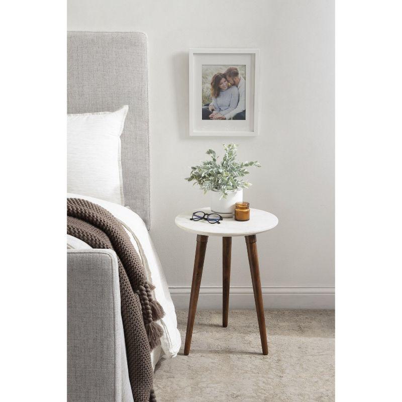 Walnut Brown and White Marble Round Side Table