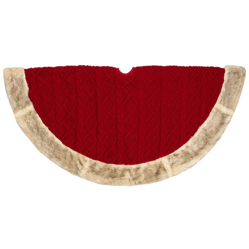 Cable Knit Christmas Tree Skirt With Faux Fur Trim- 48" - Red