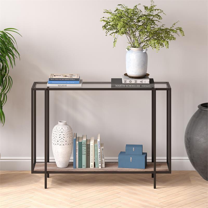 Mid-Century 42" Blackened Bronze and Gray Oak Console Table with Shelf