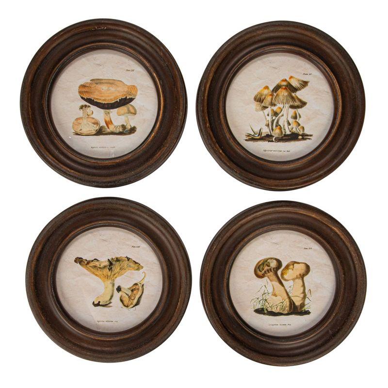 Set of 4 Round Reclaimed Wood Mushroom Print Wall Art