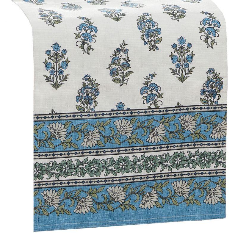 White and Blue Floral Polyester Table Runner with Border Embellishment