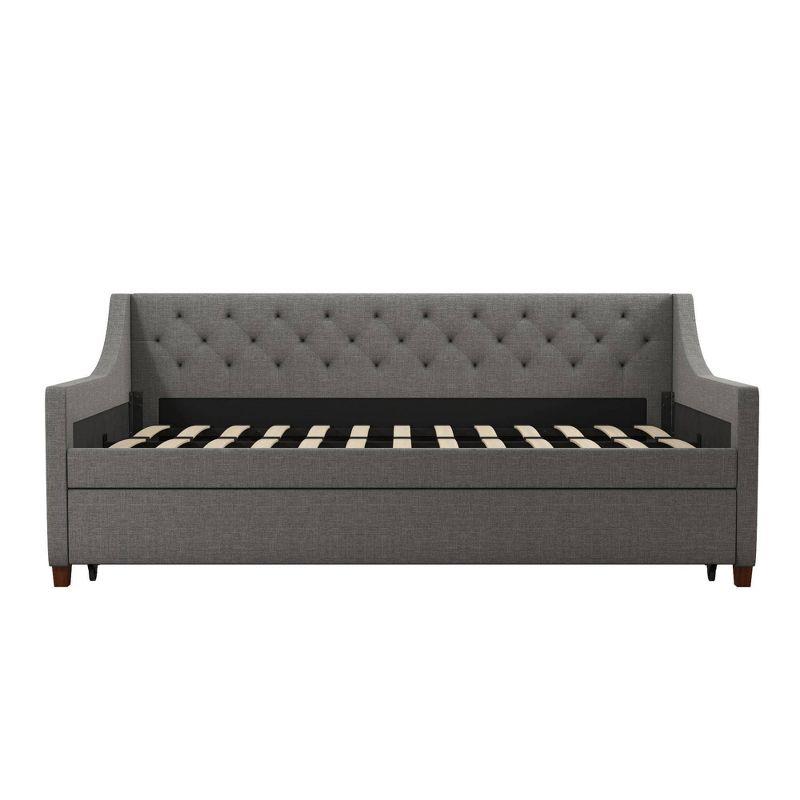 Gray Linen Twin Upholstered Daybed with Trundle and Tufted Headboard