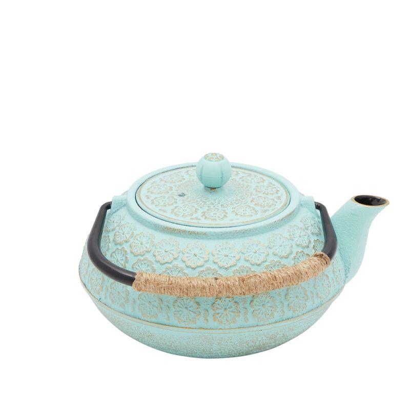 Juvale Cast Iron Tea Kettle, Japanese Floral Teapot with Loose Leaf Infuser and Trivet for Stove Top, 27 Oz, Light Blue