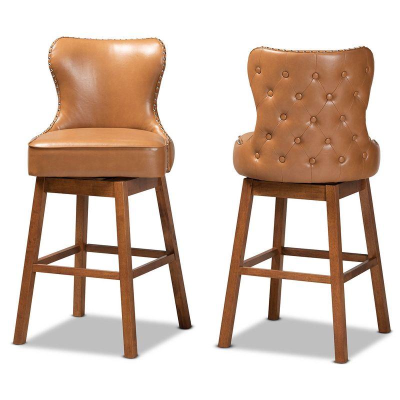 2pc Gradisca Tan Wood Swivel Barstool Set Brown - Baxton Studio: Upholstered, Nailhead Trim, Rectangle Shape