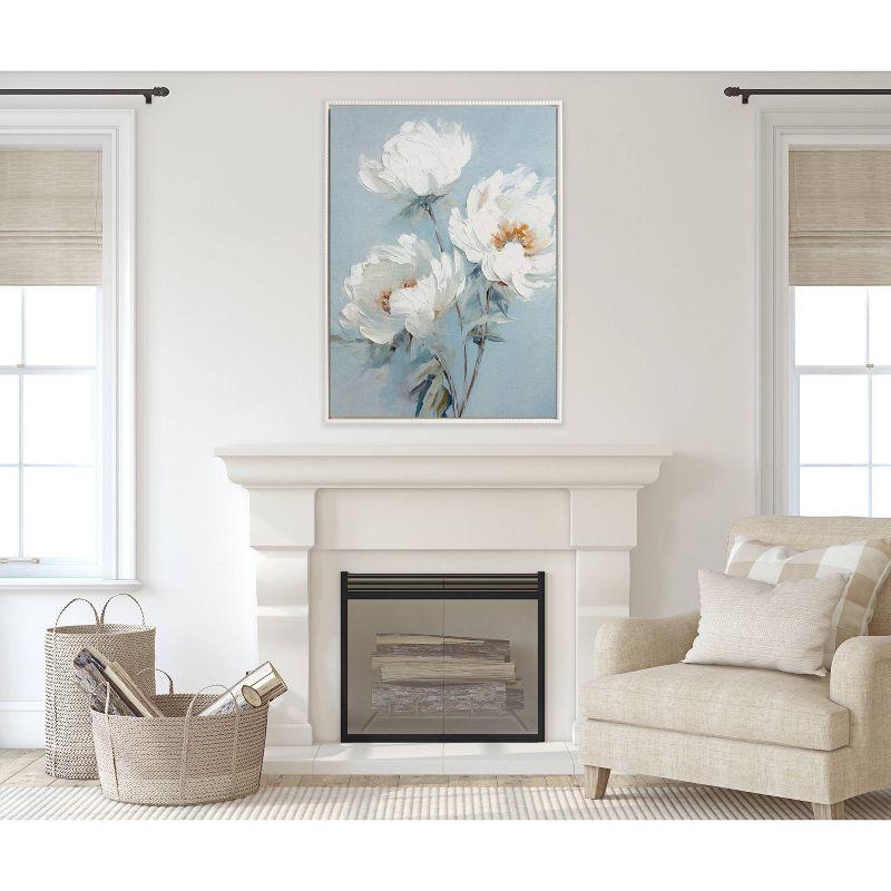 Kate & Laurel All Things Decor 31.5"x41.5" Sylvie Beaded White Peonies on Ocean Blue Framed Canvas by The Creative Bunch Studio White