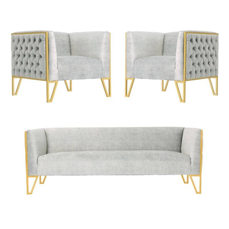 Gray Velvet and Gold 3-Piece Sofa and Armchair Set