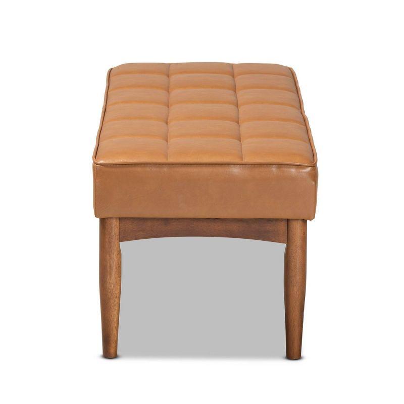 Sanford Tan Wood Dining Ottoman Walnut Brown - Baxton Studio: Faux Leather, Biscuit Tufted, Tapered Legs