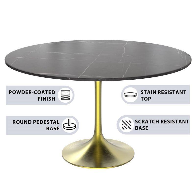 LeisureMod Verve 48" Round Dining Table, Modern Stone Top Dining Table with Brushed Gold Stainless Steel Pedestal Table Base in Black