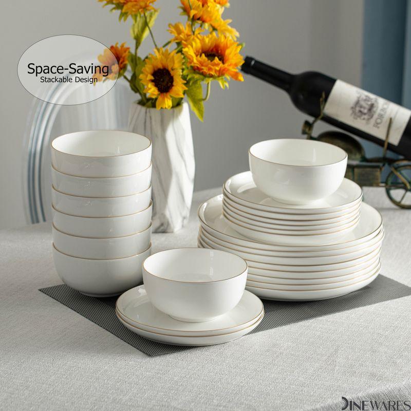 Dinewares White with Gold Rim Bone China Dinnerware Set - Service for 8, Includes Dinner Plates, Salad Plates, and Cereal or Soup Bowls