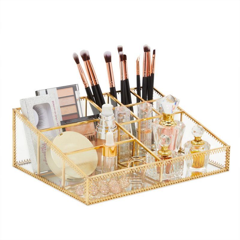 Gold Trim Glass Makeup Organizer with 10 Compartments