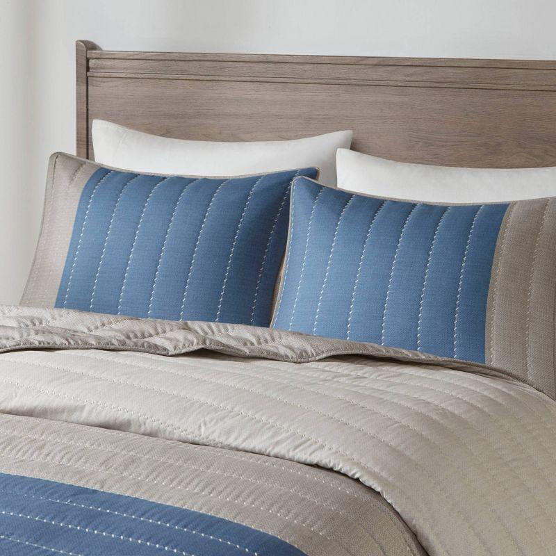 Blue and Taupe Reversible Microfiber Full Quilt Set