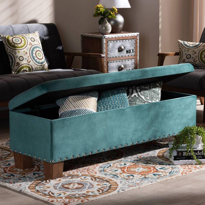 Teal Velvet Tufted Storage Bench with Walnut Legs