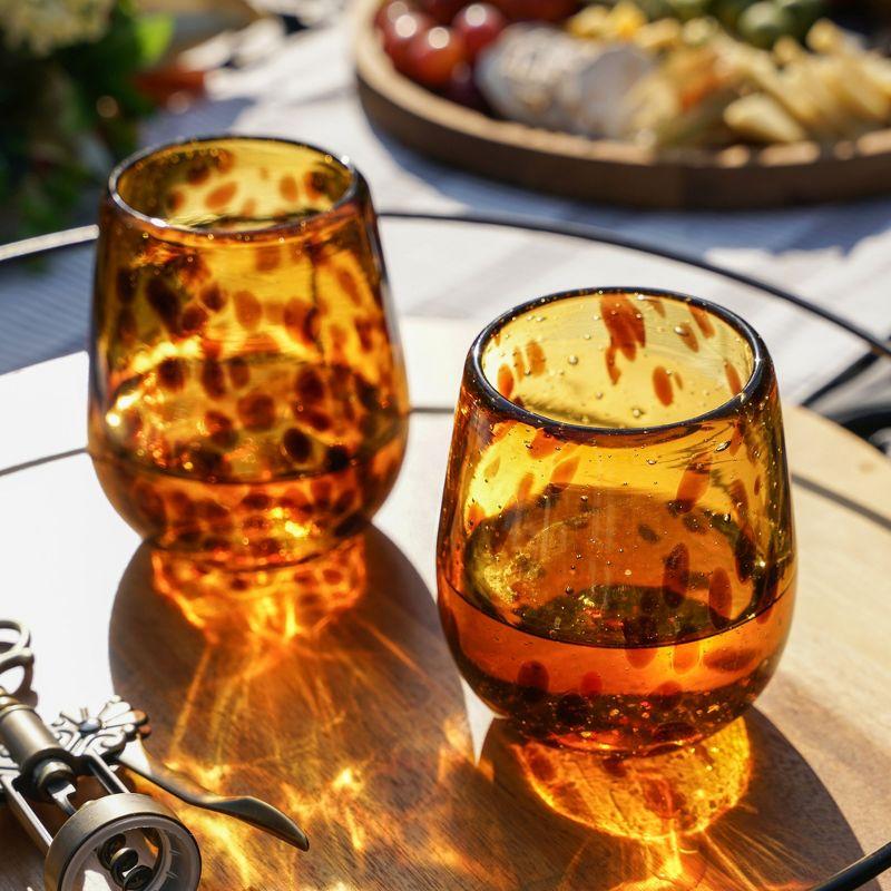 Twine Segunda Vida Tortuga Tortoise Shell colored Stemless Wine Glasses Set-Hand Blown - Amber 100% Recycled Glassware, 13oz, Set of 2