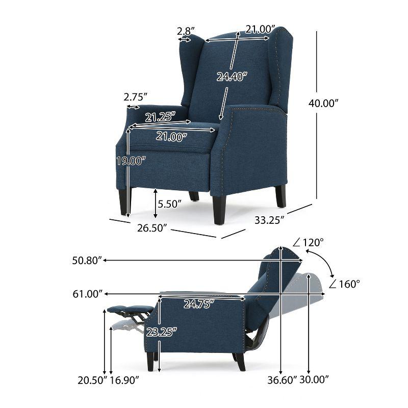 GDFStudio Weyland Contemporary Fabric Wingback Pushback Recliner with Nailhead Accents, Navy Blue