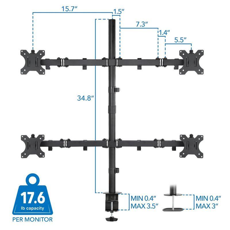 Mount-It! Height Adjustable 4 Monitor Stand Arms | Quad Monitor Desk Mount | Fits Four Computer Screens 19 - 32 in. | C-Clamp and Grommet Bases