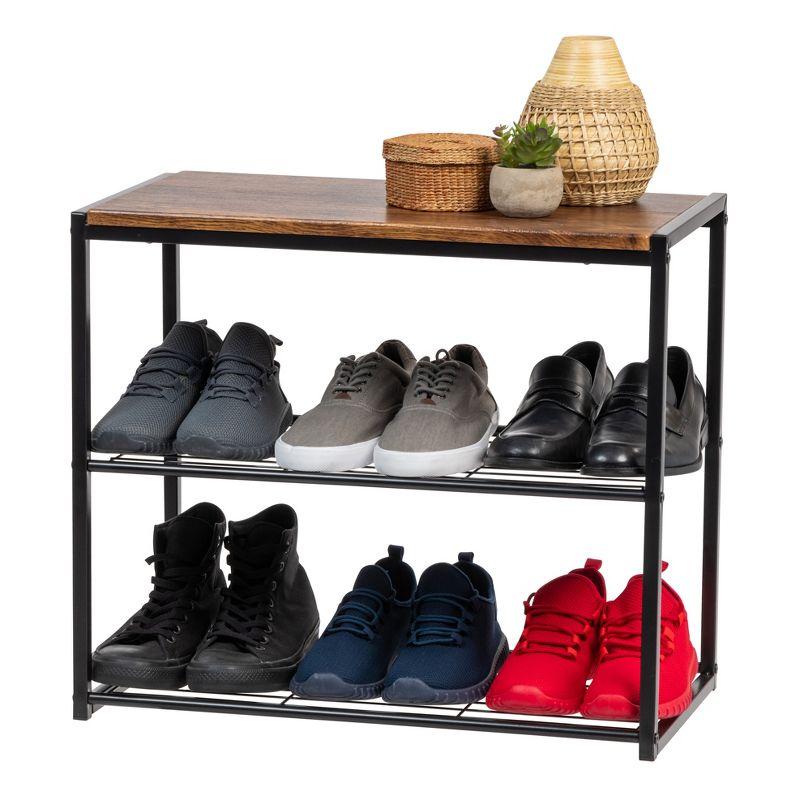 Brown and Black Stackable Wood and Metal Shoe Rack Bench