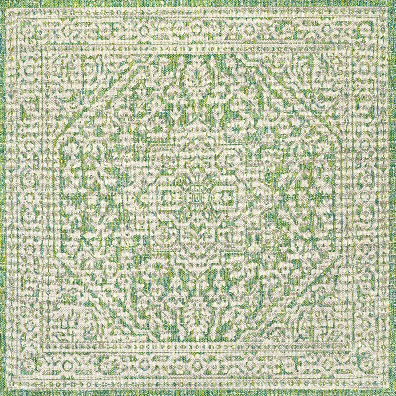 5' x 5' Sinjuri Medallion Textured Weave Indoor/Outdoor Area Rug, Cream/Green - JONATHAN Y
