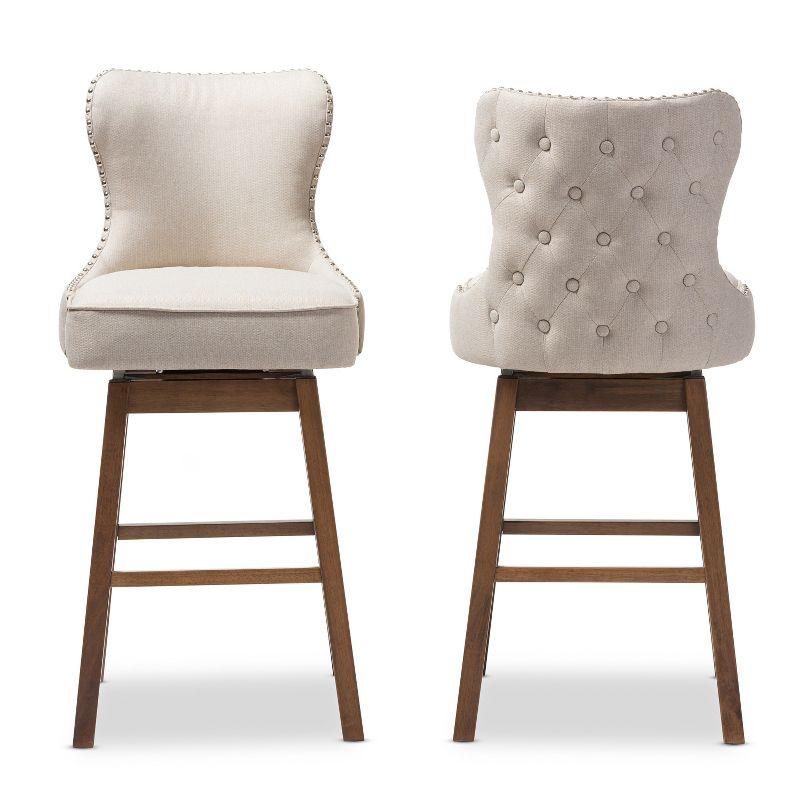 Modern Light Beige Button-Tufted Swivel Barstool in Walnut Wood