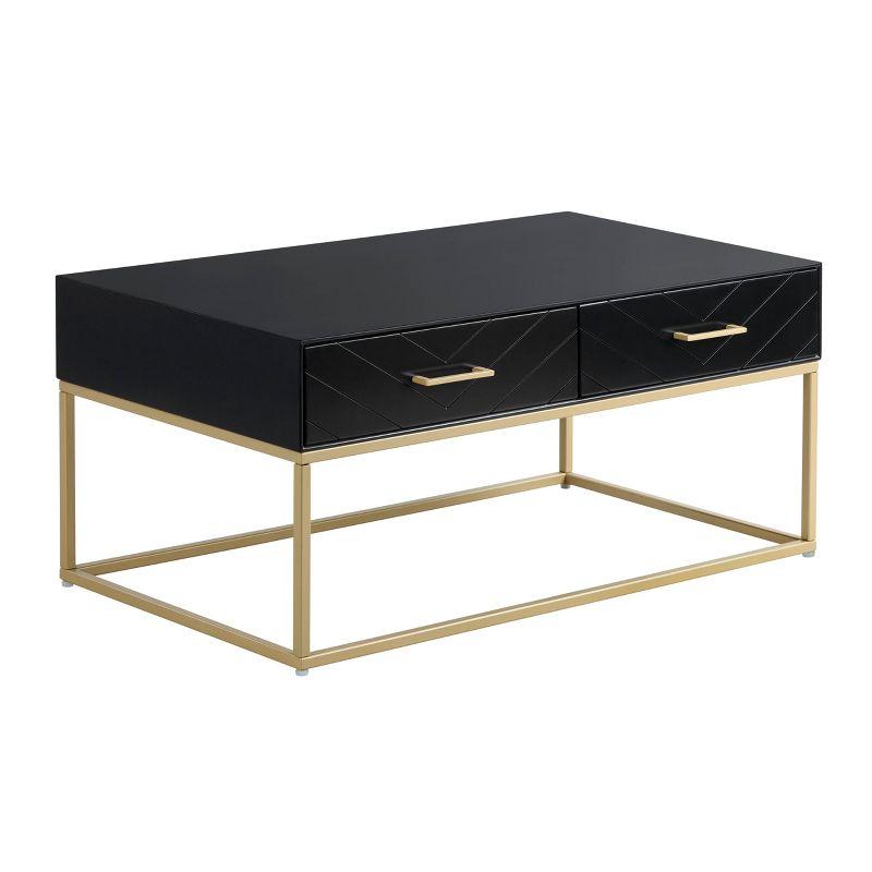 Tommy Hilfiger Ellias Modern Coffee Table with Two Drawers, Glossy Black Top, Golden Metal Frame