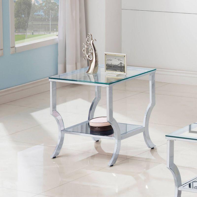 Chrome Glass Top End Table with Mirrored Shelf