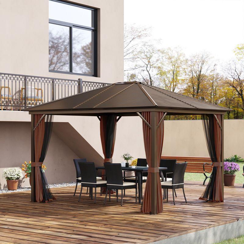 Outsunny 10' x12' Hardtop Gazebo with Aluminum Frame, Permanent Metal Roof Gazebo Canopy with 2 Hooks, Curtains and Netting for Garden