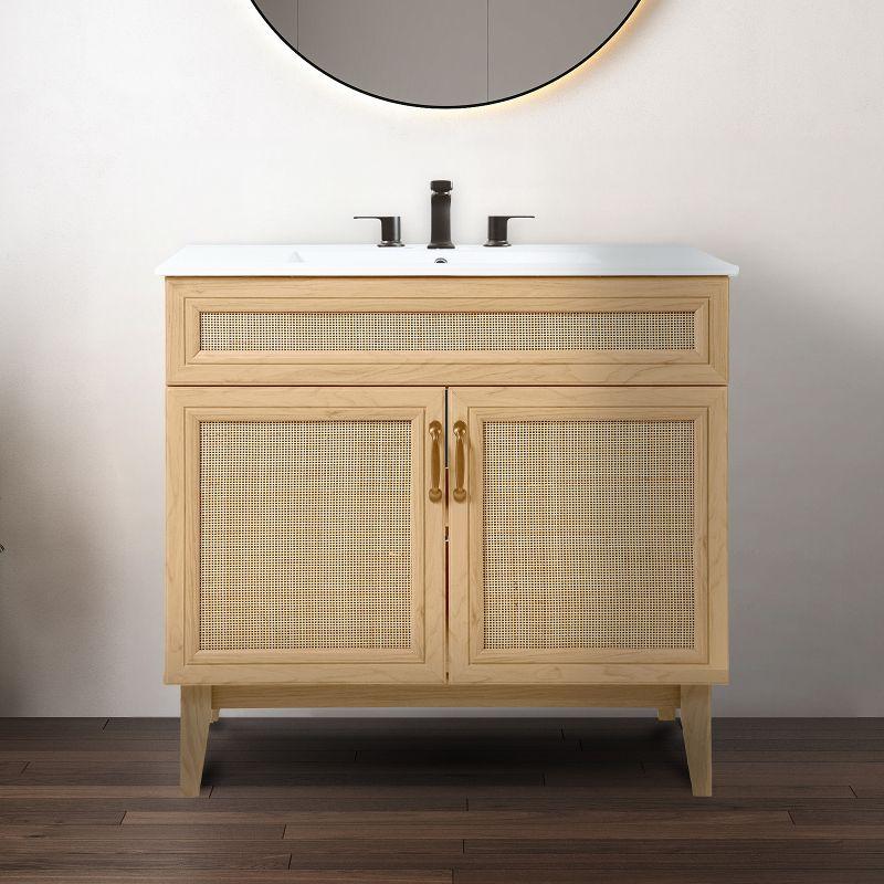 Javer 36" Rattan Modern Farmhouse 2-Shelf Bath Vanity Cabinet Only (Sink Basin not Included)