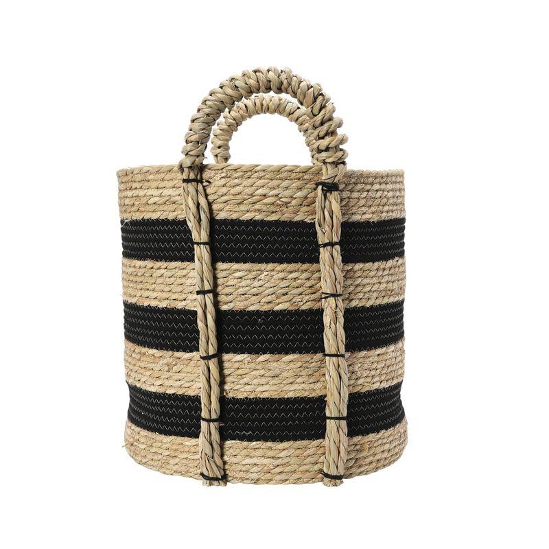 Household Essentials Braided Handle Basket Black/Natural: Large Round Seagrass Decorative Wicker Basket 20.1" Height