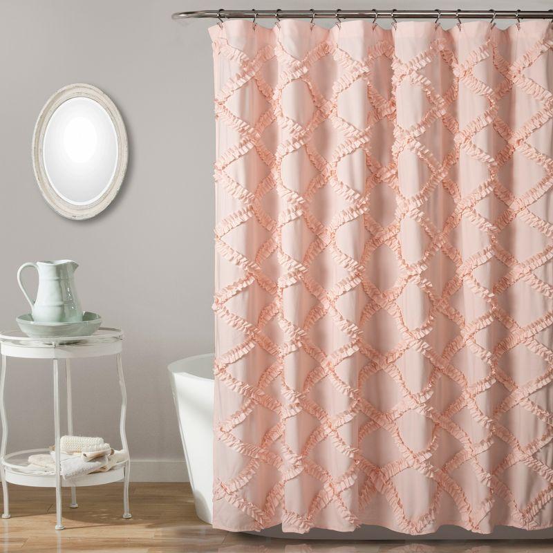 Blush Ruffle Diamond Polyester Shower Curtain with Liner