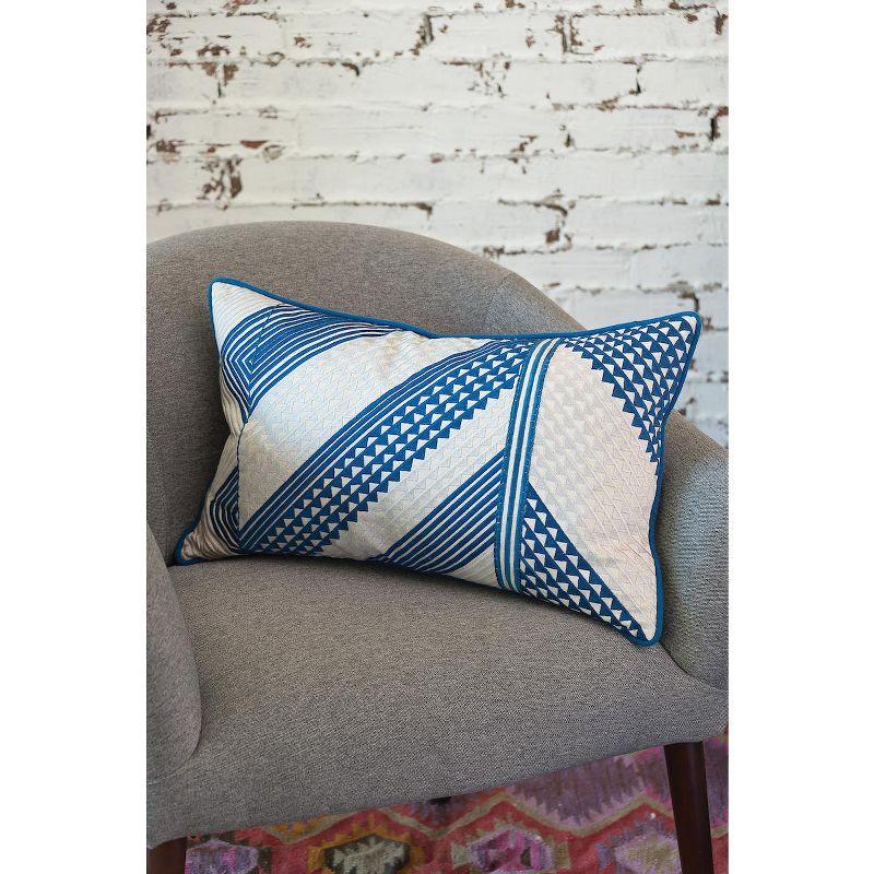 Blue and White Embroidered Cotton Rectangular Throw Pillow