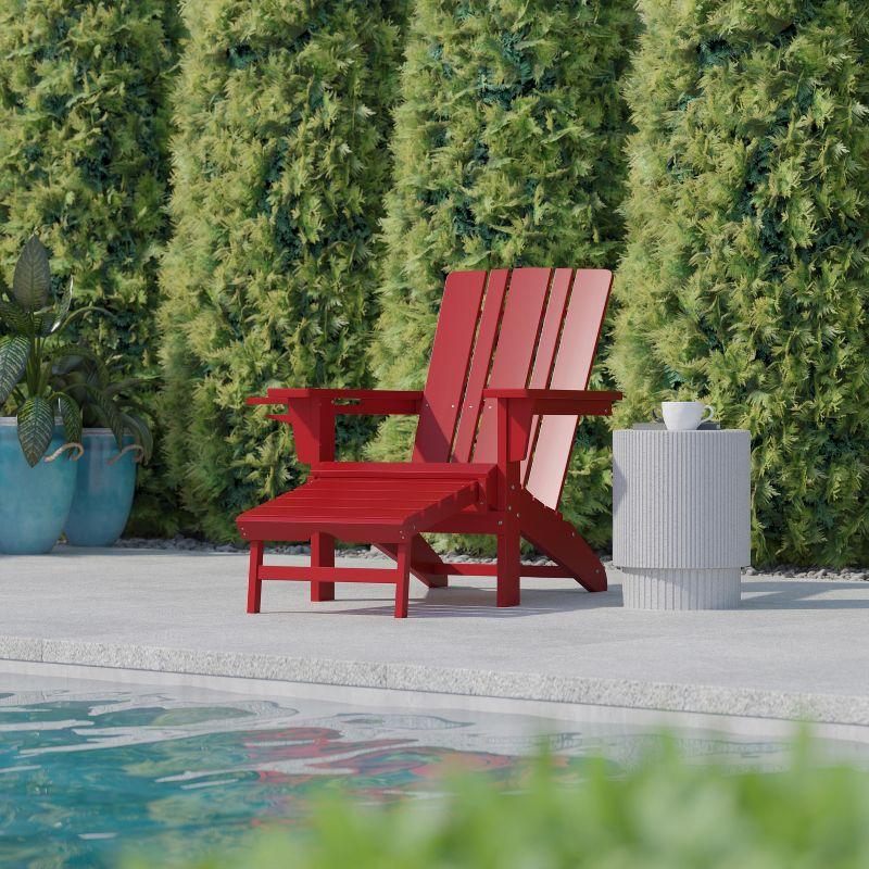 Flash Furniture Halifax HDPE Adirondack Chair with Cup Holder and Pull Out Ottoman, All-Weather HDPE Indoor/Outdoor Lounge Chair in Red