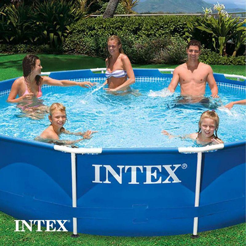Intex 12 Foot x 30 Inch Round Metal Frame Above Ground Outdoor Swimming Pool Set with Filter Pump and Easy Set Round Vinyl Pool Cover, Blue