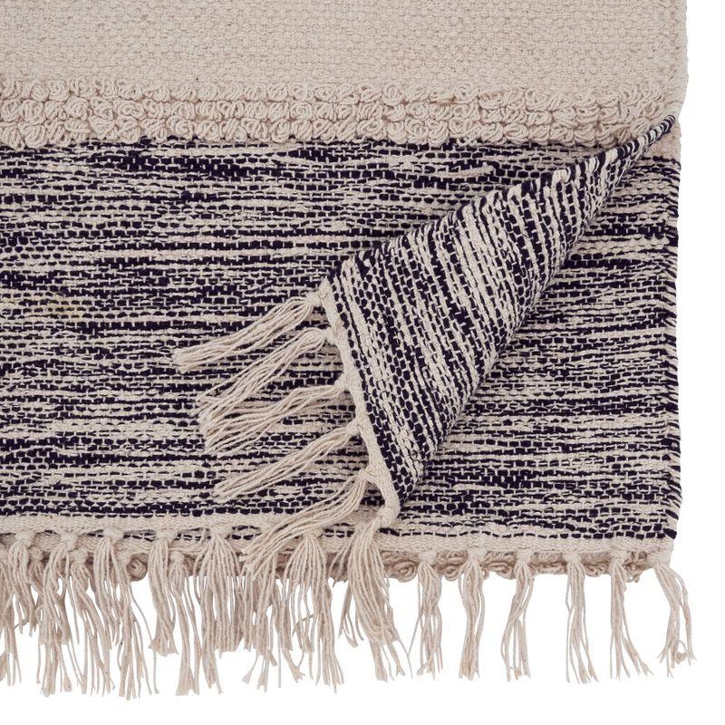 Black and Natural Cotton Banded Table Runner with Fringe