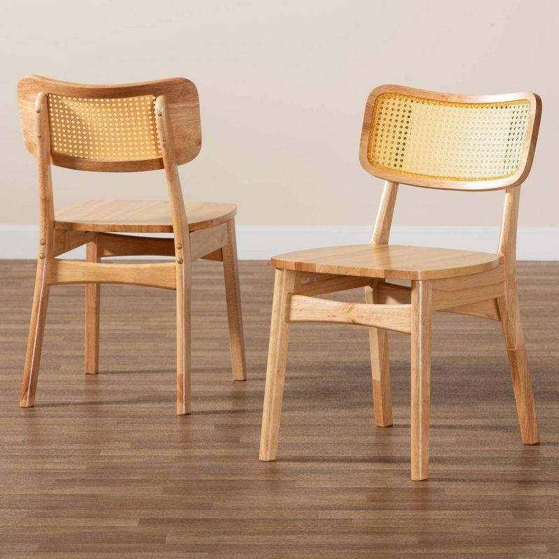 Baxton Studio 2pc Tadeo Wood and Rattan Dining Chair Set Oak Brown/Light Brown: Rubberwood Frame, Spot Clean