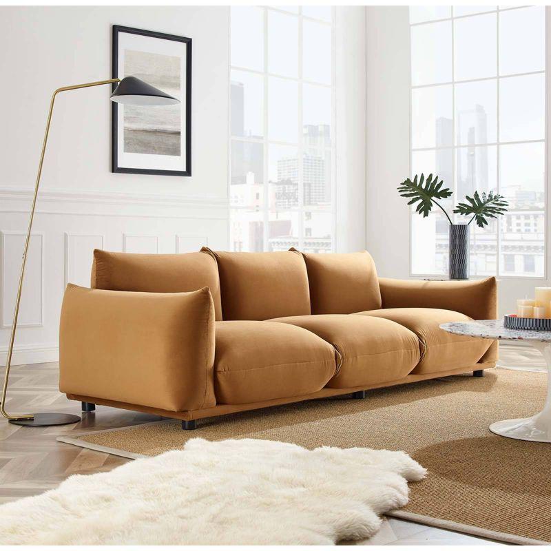 Cognac Plush Performance Velvet 100" Sofa on Solid Wood Legs