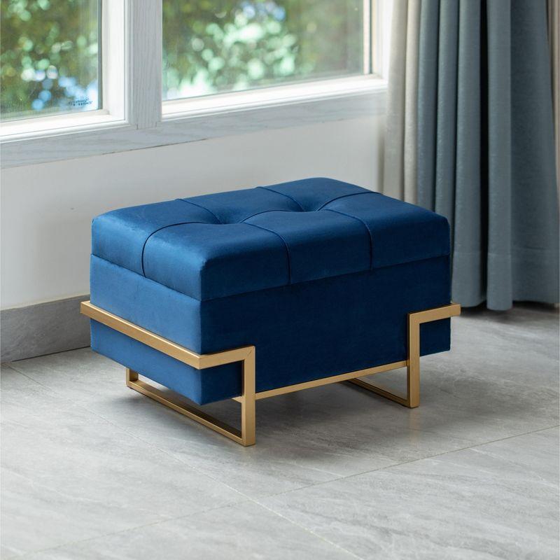 Fabulaxe Rectangle Velvet Storage Ottoman with Abstract Golden Legs | Sitting Bench for Living Room Home Decor with Unique Base Support (Blue Small)