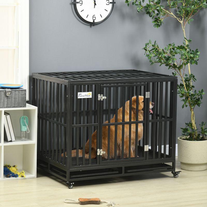PawHut 41" Heavy Duty Dog Crate Metal Kennel and Cage Dog Playpen with Lockable Wheels, Slide-out Tray and Anti-Pinching Floor
