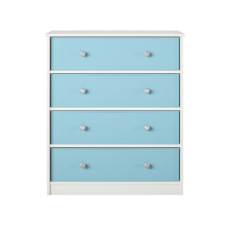 White and Light Blue Tall Nursery Dresser with Fabric Bins