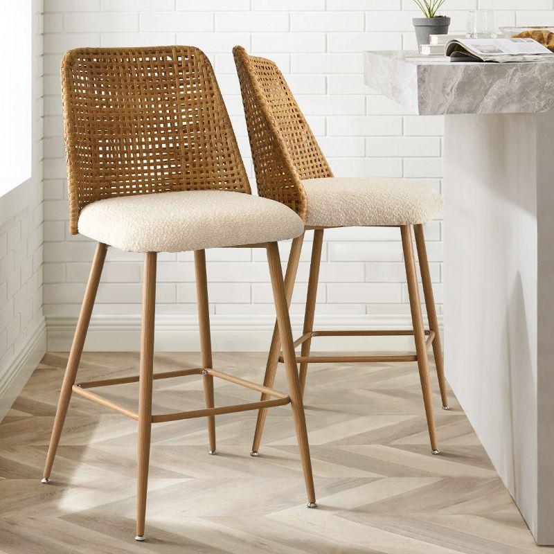 Oak and Rattan Upholstered Counter Stools, Set of 2