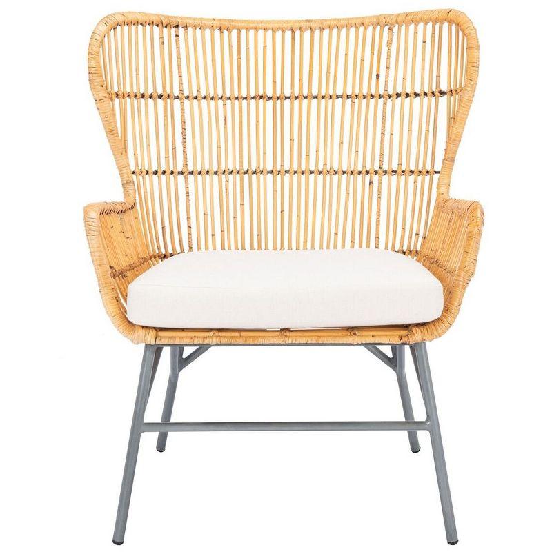 Coastal Bohemian Natural Rattan Fanback Accent Chair with White Cushion