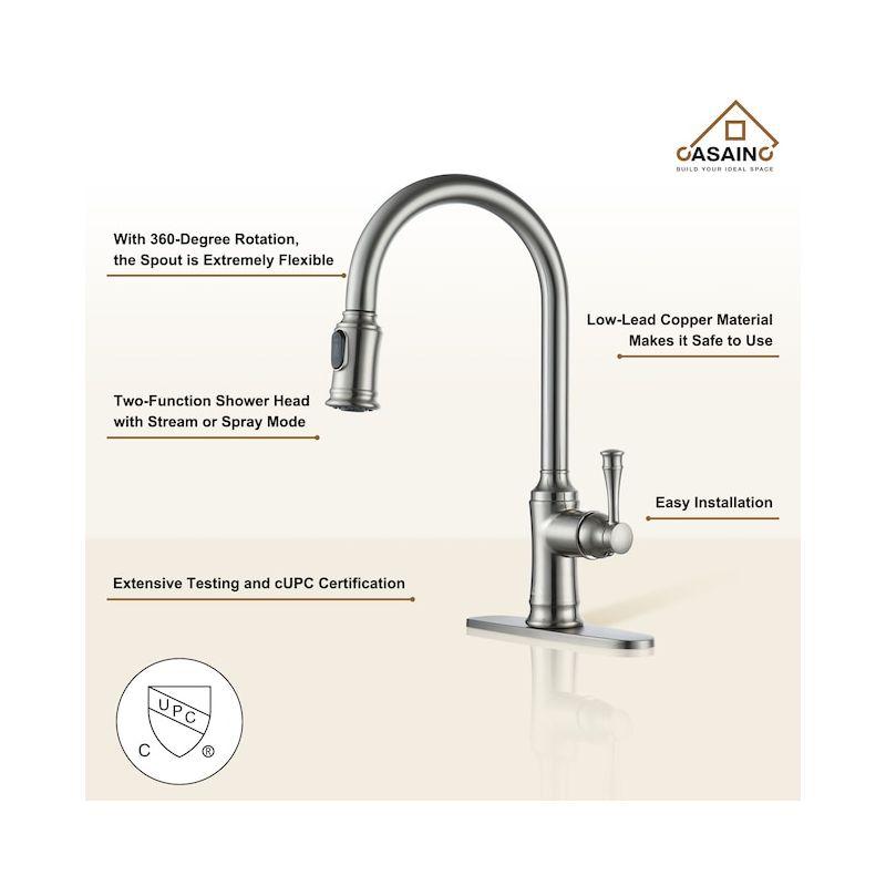 CASAINC Deck Mounted 1-Hole Single Handle Pull-out Kitchen Faucet, Brushed Nickel