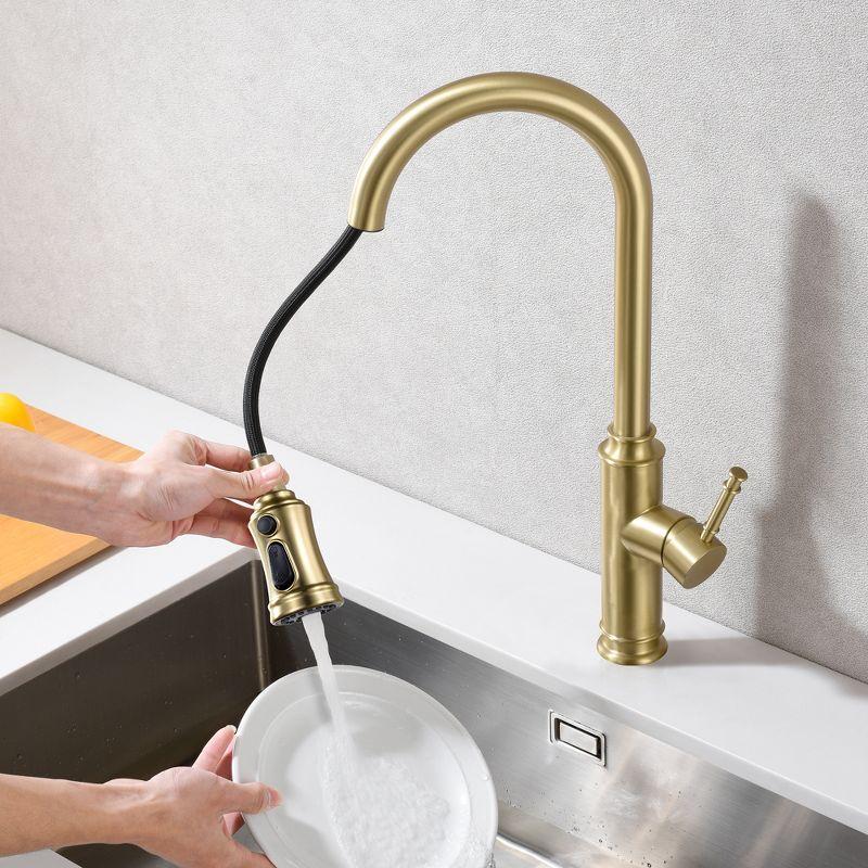 Pull Down Kitchen Sink Faucet with Dual Function Sprayer, High Arc Single Handle, Brushed Gold