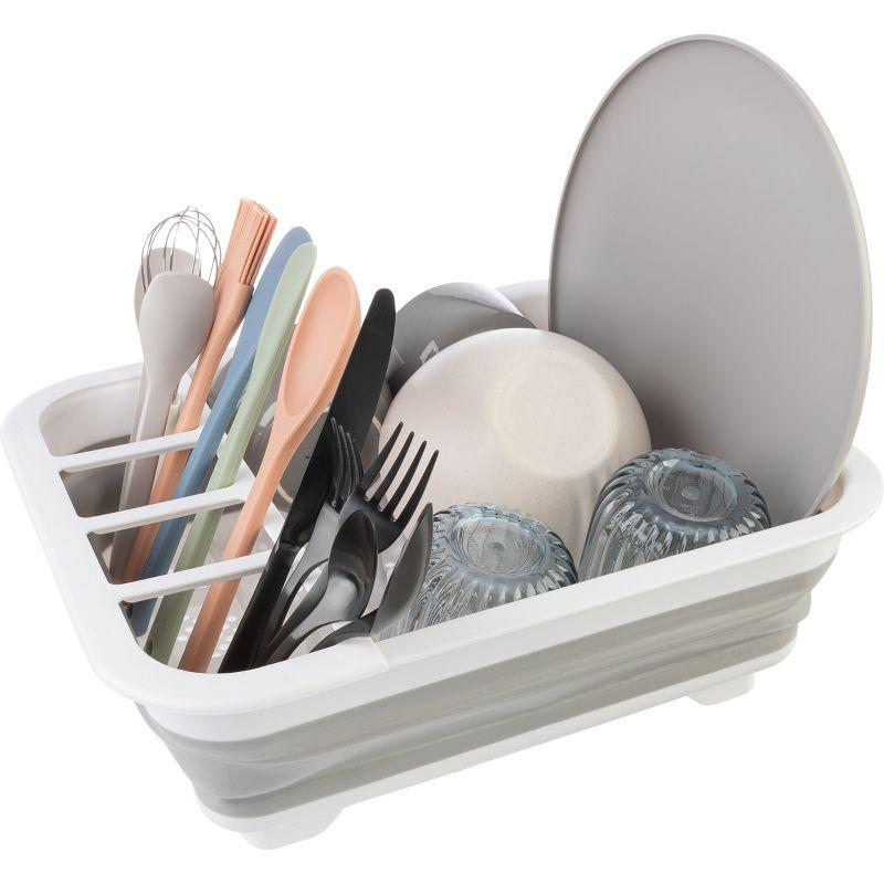 Gray Collapsible Dish Drying Rack with Utensil Cup