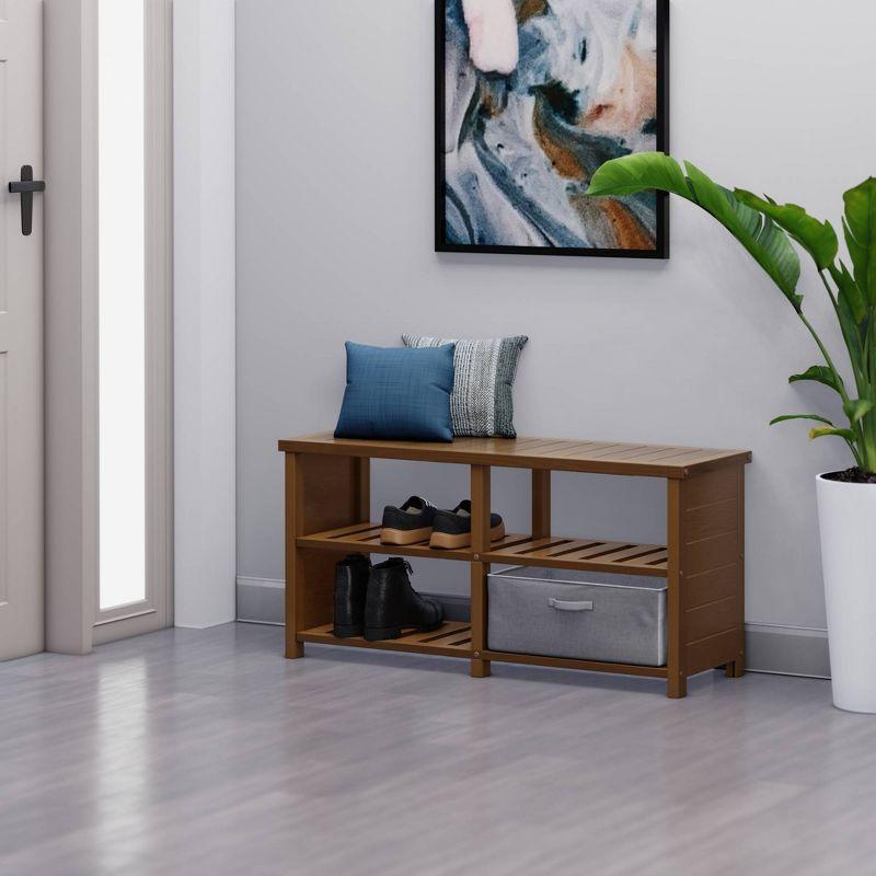 Natural Teak Wood Keystone Entryway Shoe Storage Bench