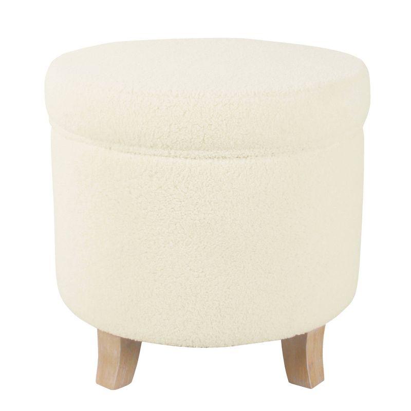 Cream Faux Sheepskin Round Storage Ottoman with Flared Wood Legs