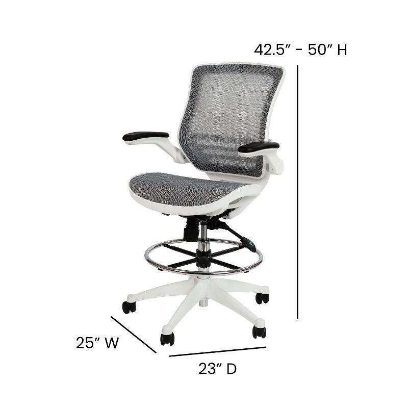 Emma and Oliver Gray Mid-Back Mesh Drafting Chair with White Frame and Flip-Up Arms