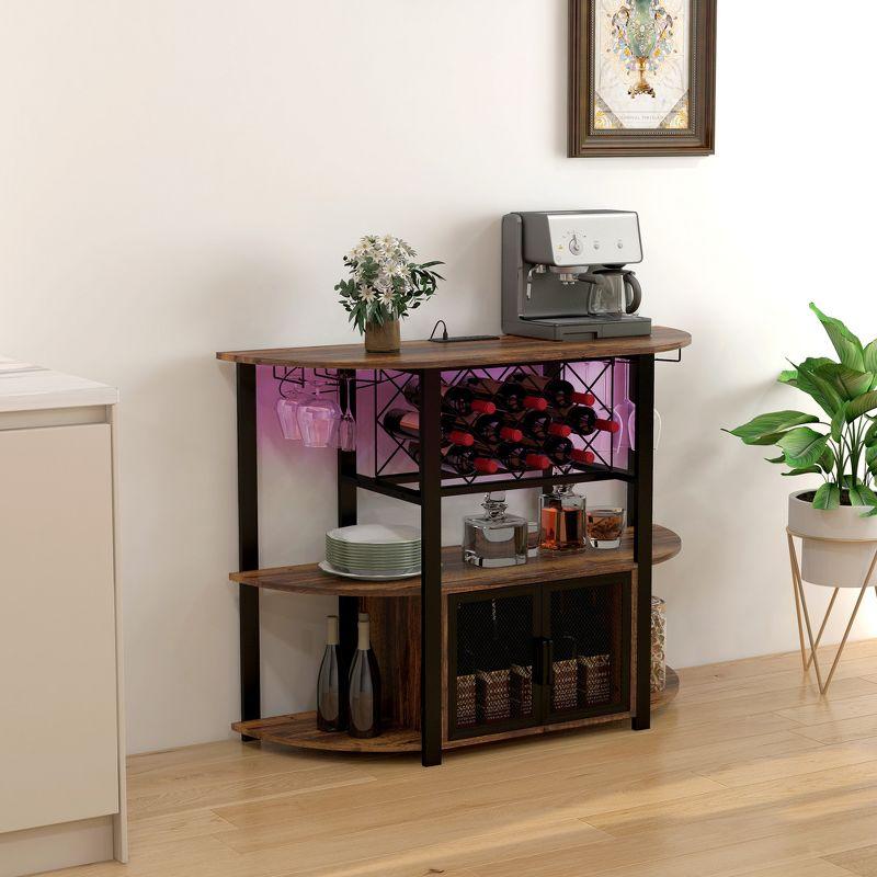 HOMCOM Wine Cabinet with Charging Station and LED Lights, Bar Cabinet with Wine Racks, Glass Holders, Mesh Doors and Open Shelves, Rustic Brown