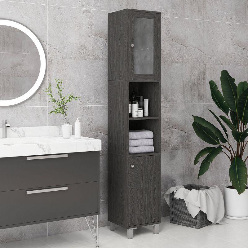 kleankin Tall Bathroom Storage Cabinet with Mirror, Wooden Freestanding Tower Cabinet with Adjustable Shelves for Bathroom or Living Room, Gray