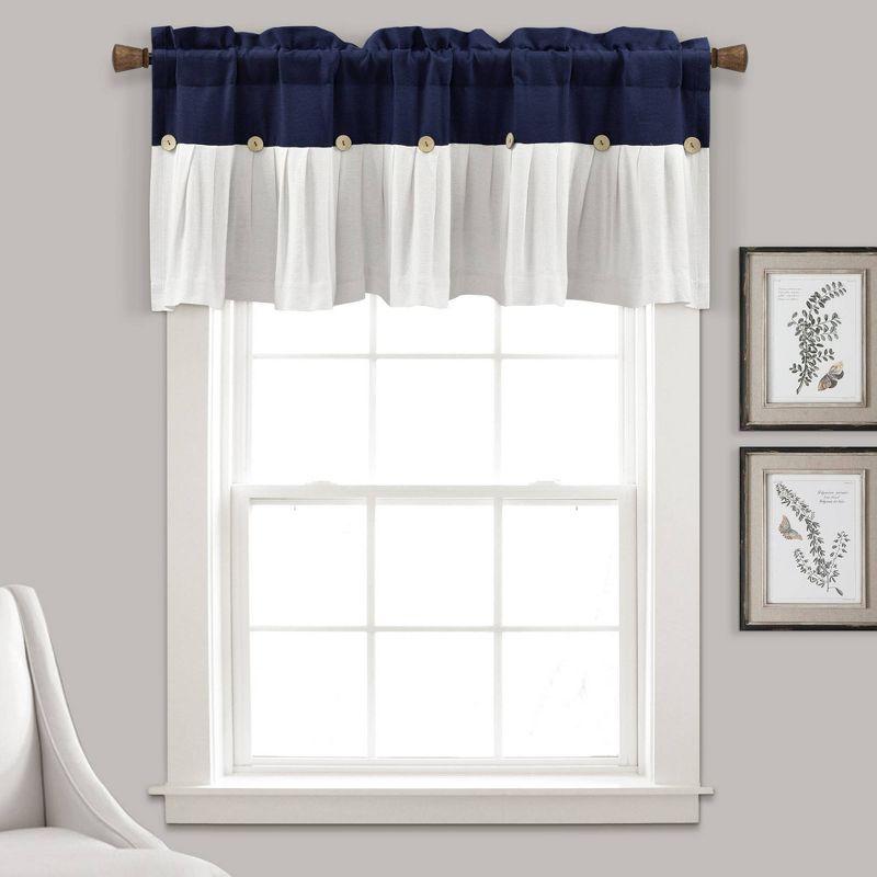 18"x52" Farmhouse Linen Button Window Valance Navy/White - Lush Décor: Classic Cotton & Linen Rod Pocket