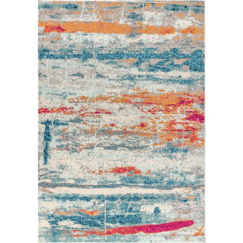 Cream and Blue Abstract Brushstroke 5x8 Area Rug